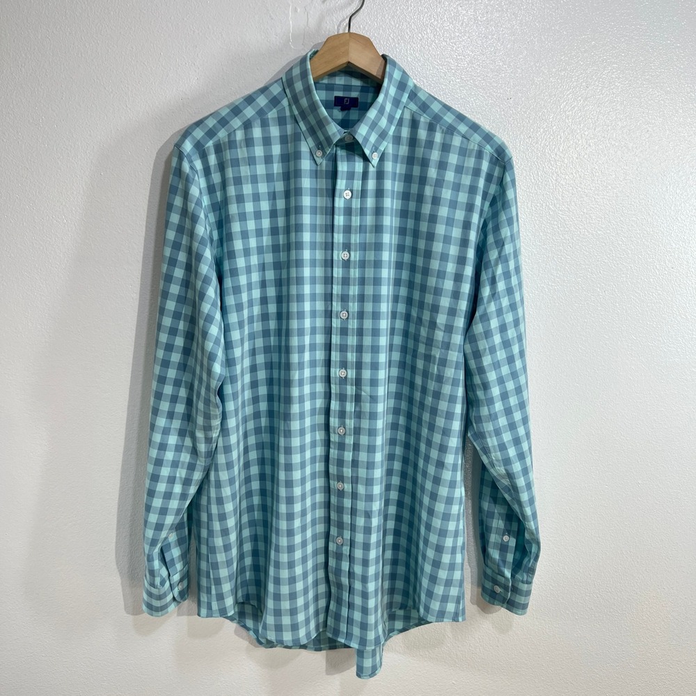FootJoy Gingham Button Down Shirt Mens Large Blue Stretch Performance‎ Golf